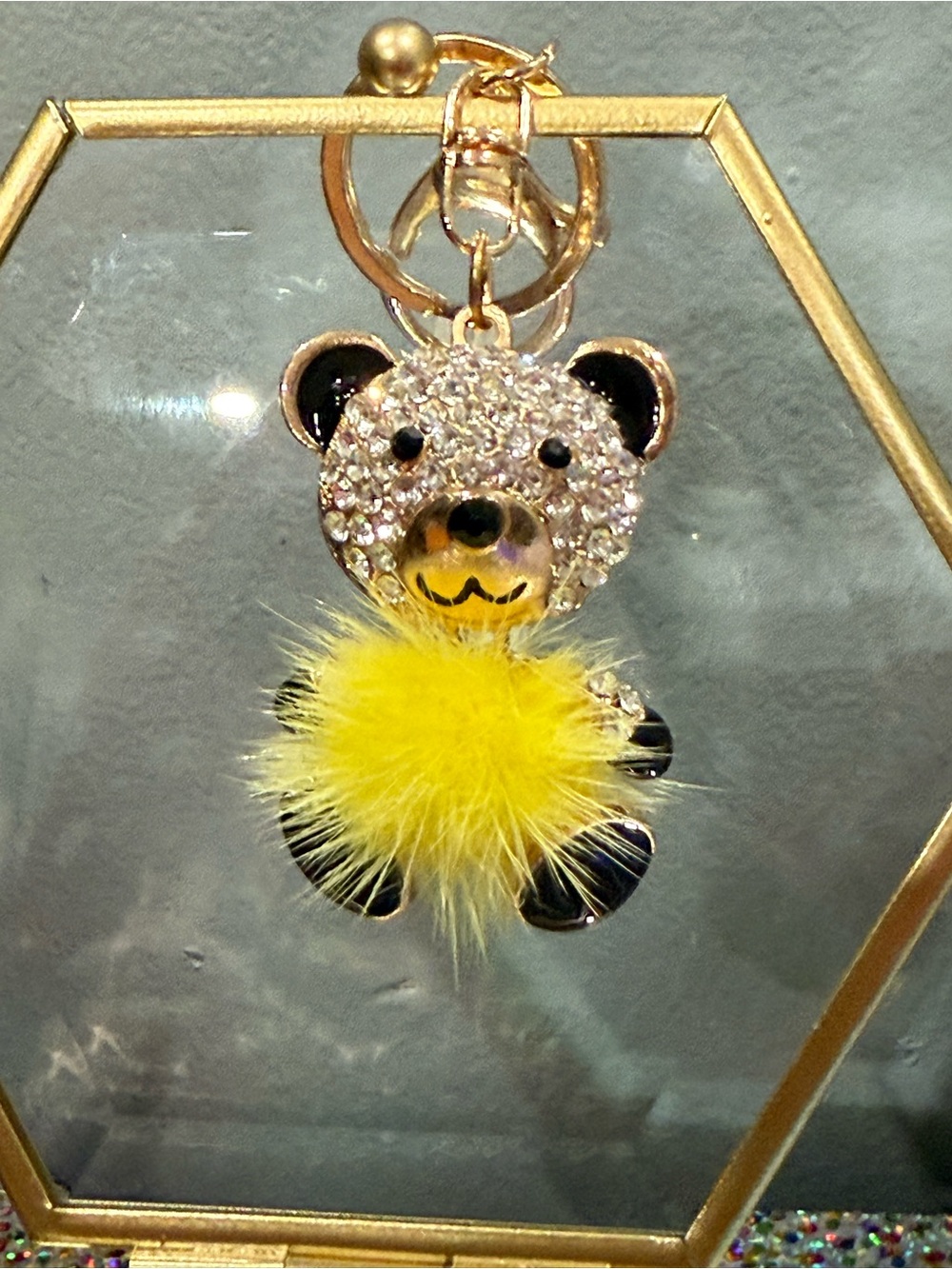 Bedazzled gold tone Bear Keychain with Yellow Pom